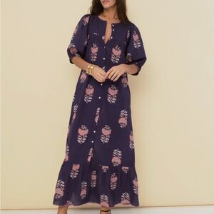 Sonmer Sofia block print Floral Navy Maxi Dress L NEW
